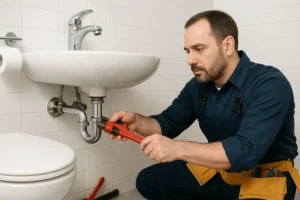 Plumber repairing bathroom sink drain with adjustable wrench in residential setting, emphasizing professional plumbing services