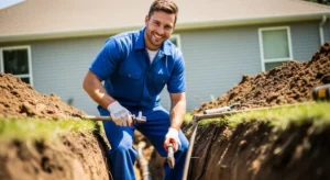 Plumber in blue uniform performing sewer line repair in a dug trench, showcasing expert plumbing services in Apache Junction